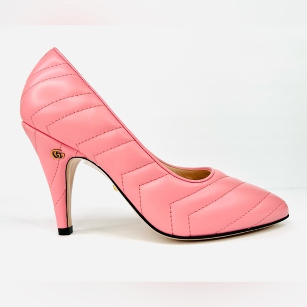 GUCCI Matelasse Charlotte Pink Nappa Leather Logo Heel Pumps Size EU 36.5